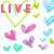 Pixelated pattern of hearts and text with 'LIVE', 'LAUGH', 'LOVE' in pink, purple, blue on white background.