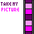 Pixelated text and filmstrip design with pink, purple, and gray colors on a white background.
