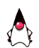 A cartoon character with a black cone-shaped hat, pink circular eye, and white body in various poses against gray background.