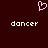 A dark red background features a pink pixelated heart symbol above two instances of the word 'dancer' in white pixelated text.