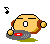 Pixelated character with brown ears holds gray device showing red rectangle; musical note floats above head across animation frames.