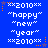 Blue background with white pixelated text reading "2010" and "happy new year" in a pattern, surrounded by orange and purple star-shaped pixel decorations