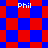 Pixelated red and blue checkered pattern with four instances of the text 'Phil' in white pixelated font across the image.