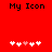 Red background with black text 'My Icon' at top and five white plus signs below, one of which is pink in the left view.