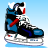 Pixelated hockey skate with blue, black, white, and red accents on a light blue gradient background.