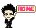 Pixelated character with spiky black hair holds a yellow sign reading 'HOME' in pink letters on left, then blue letters on right.