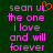 A static image with pink pixelated text on a dark green background, featuring a small orange heart symbol replacing the 'o' in 'Sean' on the left side.