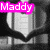 A grayscale heart-shaped icon with pink text overlays reading 'Maddy', 'and', and 'Morgan' in different positions.
