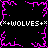 Pixelated icon with black background, pink border and central starburst pattern, white text reading "(x+WOLVES+x)" repeated at top and bottom.