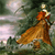 A pixelated dog stands on grass with a ball in its mouth, set against a blurred background of trees and sky.