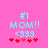 Pixelated graphic with cyan text and symbols on pink background, showing 'MOM!!' flanked by heart icons.