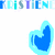 Two blue heart-shaped icons with light blue outlines appear below a pixelated text banner reading 'DISTIEN' in alternating cyan and dark blue letters.
