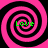 Four pink and black spiral patterns arranged in a with green text reading 'Love' at the center of each spiral