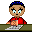 Pixelated character with blue hair and red shirt holding a brown object, shown in four with hand movement changes