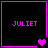 Four identical black square with pink borders, each displaying 'JULIET' in pixelated text and varying heart symbols