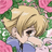 Pixelated anime-style icon of a character with light brown hair, dark eyes, and a blue top, set against a pink and green floral background.