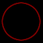 Red geometric shapes in circular frames on black background, including triangles and hexagrams with varying line styles.