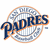 Pixelated circular icon with striped baseball jersey background and bold blue text reading 'PADRES' outlined in orange.