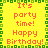 Yellow background with green pixelated border, red text reading "It's party time! Happy Birthday!" repeated in a pattern