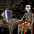 A 4-frame animated contact sheet showing a skeleton character sitting at a desk with a computer monitor, displaying subtle motion in the chair and background elements across frames.