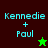 Four display 'Kennedie + Paul' text with star symbols; top-left has dark background and green star, bottom-left has bright green background and dark star, top-right and bottom-right have green backgrounds with light blue text
