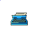 Four-frame pixel art animation of a blue typewriter with paper, showing sequential changes in paper stack height and keyboard visibility.