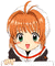 Pixelated anime-style character with orange hair and green eyes, wearing a dark outfit with white collar and red trim, shown in four sequential expressions against gray background.
