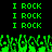 Green pixelated text "I ROCK" repeated in a above abstract green shapes on black background