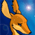 Pixelated orange fox head with large ears against blue background, one eye visible, small white spots on face, light source in upper right corner.