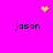 A bright pink background displays four 'jason' text labels arranged in a , with yellow pixelated heart and starburst symbols at top corners