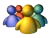 Pixelated group of five colored figures with a red oval containing white text on the right side.