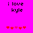 Pixelated text 'i love kyle' on bright pink background with red and pink heart symbols below.
