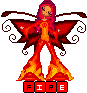Pixelated character with pink hair and red wings stands on flame-like feet, text "FIRE" below.