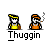 Pixel art of two cartoon figures with orange caps and yellow/orange shirts, one smoking, under the text "Thuggin".