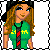 Pixel art avatar of a woman with long brown hair wearing a green shirt with yellow text and a black-and-red striped tie, displayed in a with green text on the right