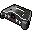 Pixelated game controller icon with two distinct halves, one dark gray and one light gray, on a solid gray background.