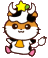 Pixelated cartoon character with cow-like horns, yellow star on head, orange-brown face stripes, white body, pink feet, and a bell around its neck.