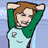 Pixelated cartoon character with brown hair and green sleeves holds arms raised above head against light blue background.