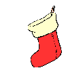 Red Christmas stocking with cream cuff contains an orange cartoon dog in various poses against gray background.