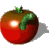 Red tomato with green stem and leaf, showing a worm crawling on its surface in two distinct positions