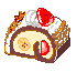 Pixelated cake slice with white frosting, brown border, and red strawberry on top; interior shows banana slices and cream filling.