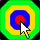 Animated contact sheet of 9 frames showing a cursor clicking through concentric target rings in varying sizes and color schemes against black background.