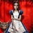A pixelated figure in a white dress with blue accents stands against a red background, holding a basket, with red text reading 'we're all mad here' on a black
