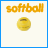 Animated contact sheet of 12 frames showing progressive text addition below a yellow softball icon, with blue grid lines and white background.