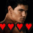 Pixelated image of a person's face and hand with four red heart symbols below, against a dark background.
