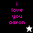 Pixelated text 'i love you aaron' in pink on black, white, and gray backgrounds with a white star and black star icon.