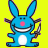 Blue cartoon rabbit with pink nose and white belly holding a knife, standing on yellow background.