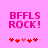 Pixelated pink text 'BFFLS ROCK!' on a light pink background with red and pink heart icons below, showing animation changes in heart positions.