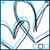 Pixelated abstract composition of interwoven blue and gray lines on white background with dark blue border.