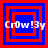 Four square display red and blue nested squares with white text reading 'Cr0w!3y' across each , showing animation changes in square layering and text visibility
